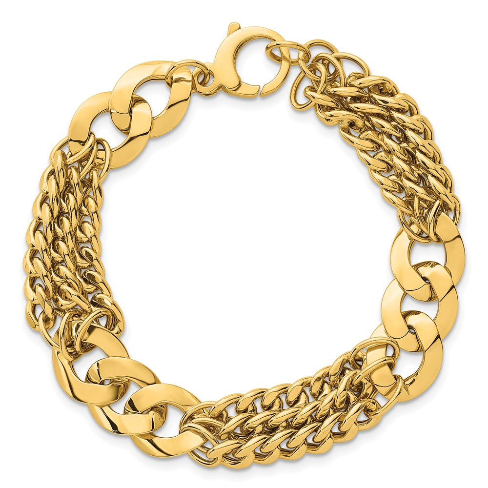 14K Yellow Gold Polished 11.1mm Lightweight Link and Triple Strand Fancy Curb Chain Bracelet