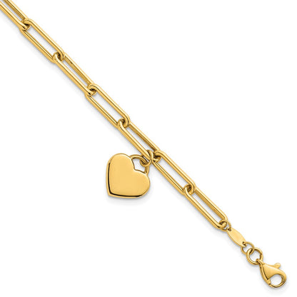 14K Yellow Gold Polished Flat Dangle 11mm Heart Paperclip Link 7.5 Inch Bracelet