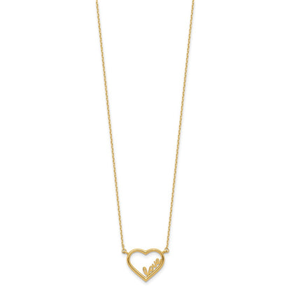 14K Yellow Gold Polished Open Heart with LOVE Inside 17 Inch Necklace Plus 0.5 Inch Extender