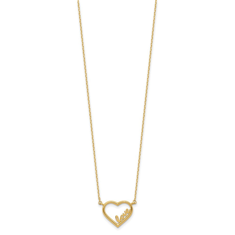 14K Yellow Gold Polished Open Heart with LOVE Inside 17 Inch Necklace Plus 0.5 Inch Extender