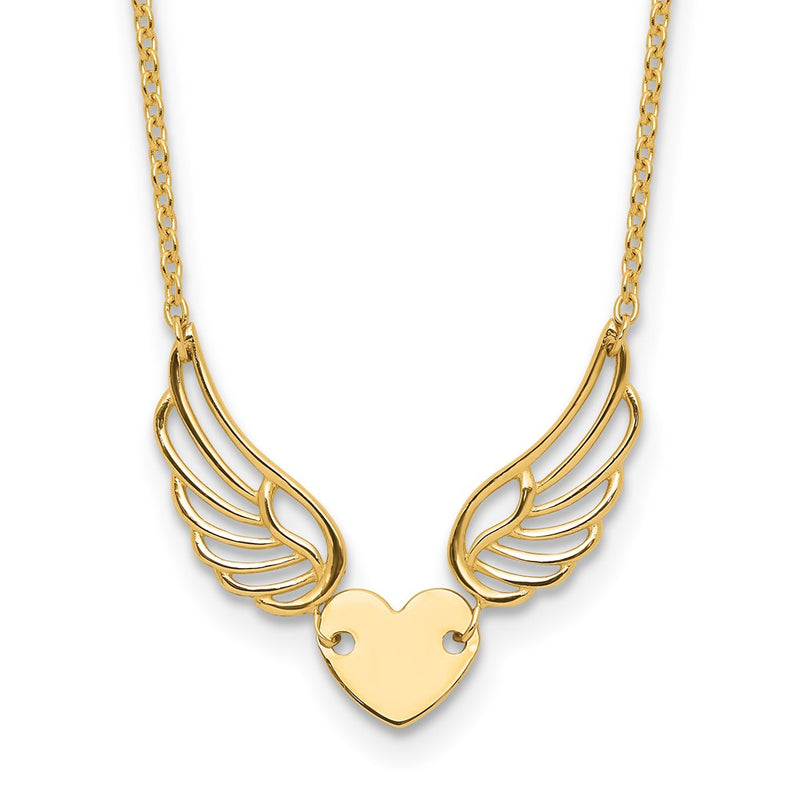 14K Yellow Gold Polished Wings and Heart 17 Inch Necklace