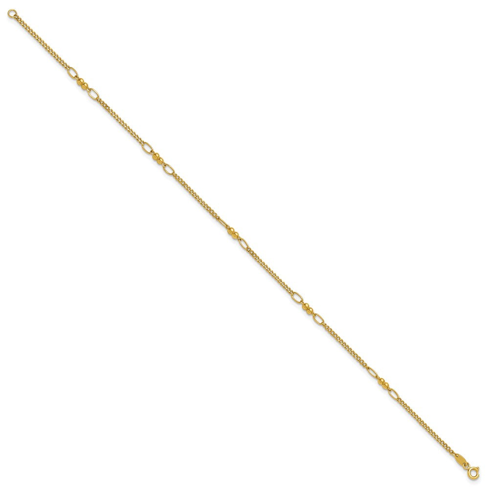 14K Yellow Gold Polished and Diamond-cut 5-Station Beaded Mixed Link Chain Anklet