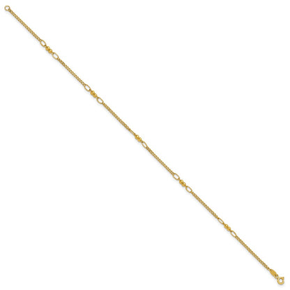 14K Yellow Gold Polished and Diamond-cut 5-Station Beaded Mixed Link Chain Anklet