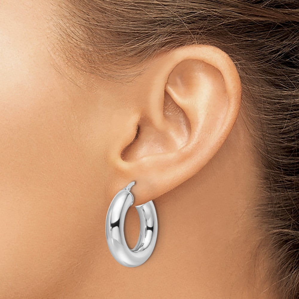 14K White Gold 6x26mm Polished Round Tube Hoop Earrings