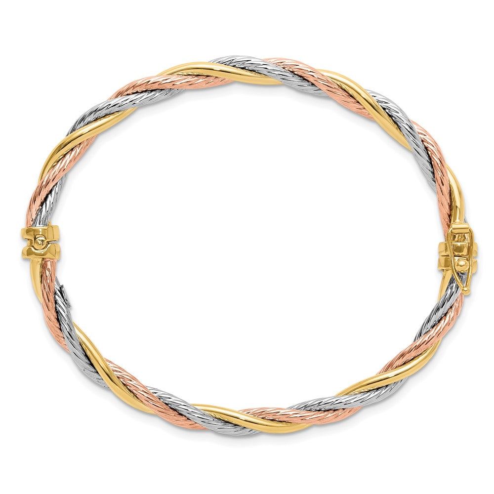 14K Tri-Color Gold Tri-color Polished and Textured 4.30mm Twisted Hinged Oval Bangle Bracelet