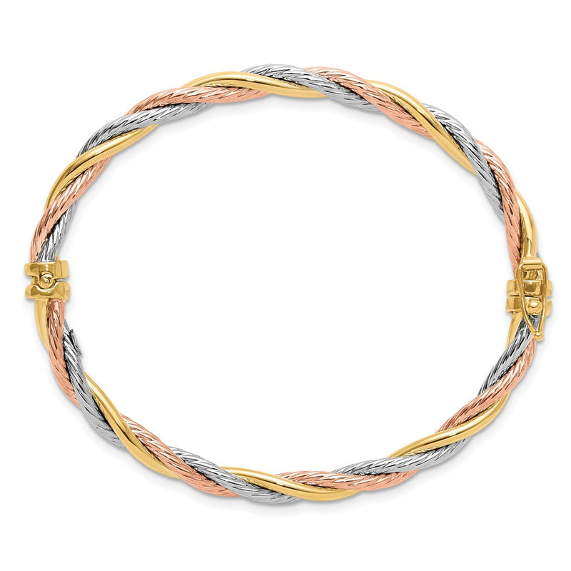 14K Tri-Color Gold Tri-color Polished and Textured 4.30mm Twisted Hinged Oval Bangle Bracelet