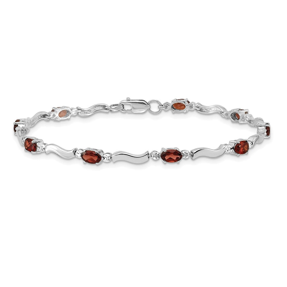 14K White Gold Complete Diamond and Oval Garnet Wavy Link 7 Inch Bracelet