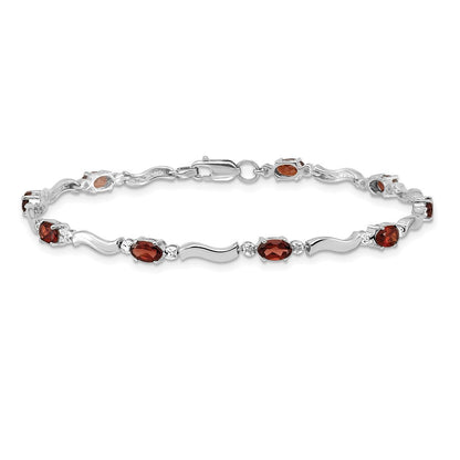 14K White Gold Complete Diamond and Oval Garnet Wavy Link 7 Inch Bracelet
