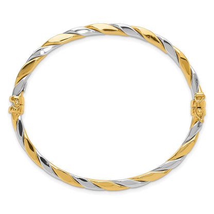 14K Two-Tone Gold Two-tone Polished and Twisted 3.50mm Hinged Oval Bangle Bracelet