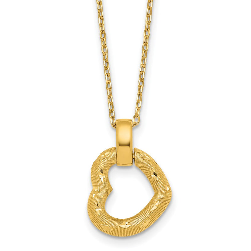 14K Yellow Gold Polished Textured and Diamond-cut Fancy Heart Pendant 16 Inch Necklace with 2.25 Inch Extender