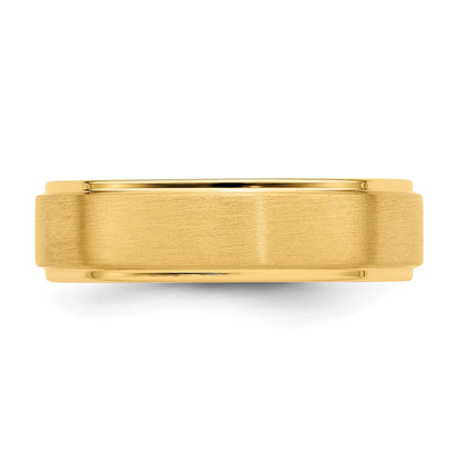 14K Yellow Gold 6mm Standard Weight Comfort Fit Brushed Satin/Polished Stepped Edge Wedding Band Ring