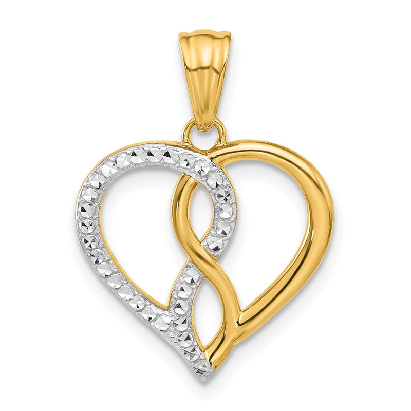 14K Yellow Gold and Rhodium Diamond-cut Infinity Heart Pendant