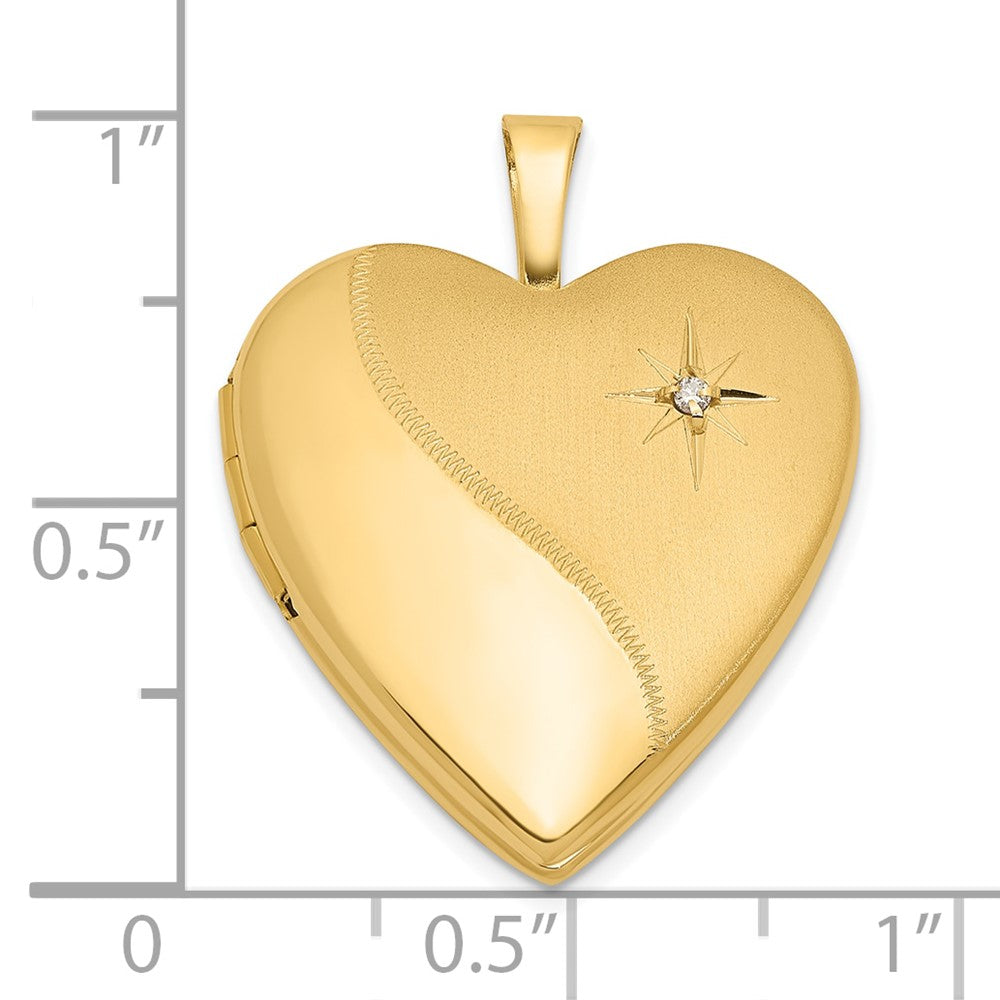 14K Yellow Gold Satin and Polished Diamond Star 20mm Heart Locket