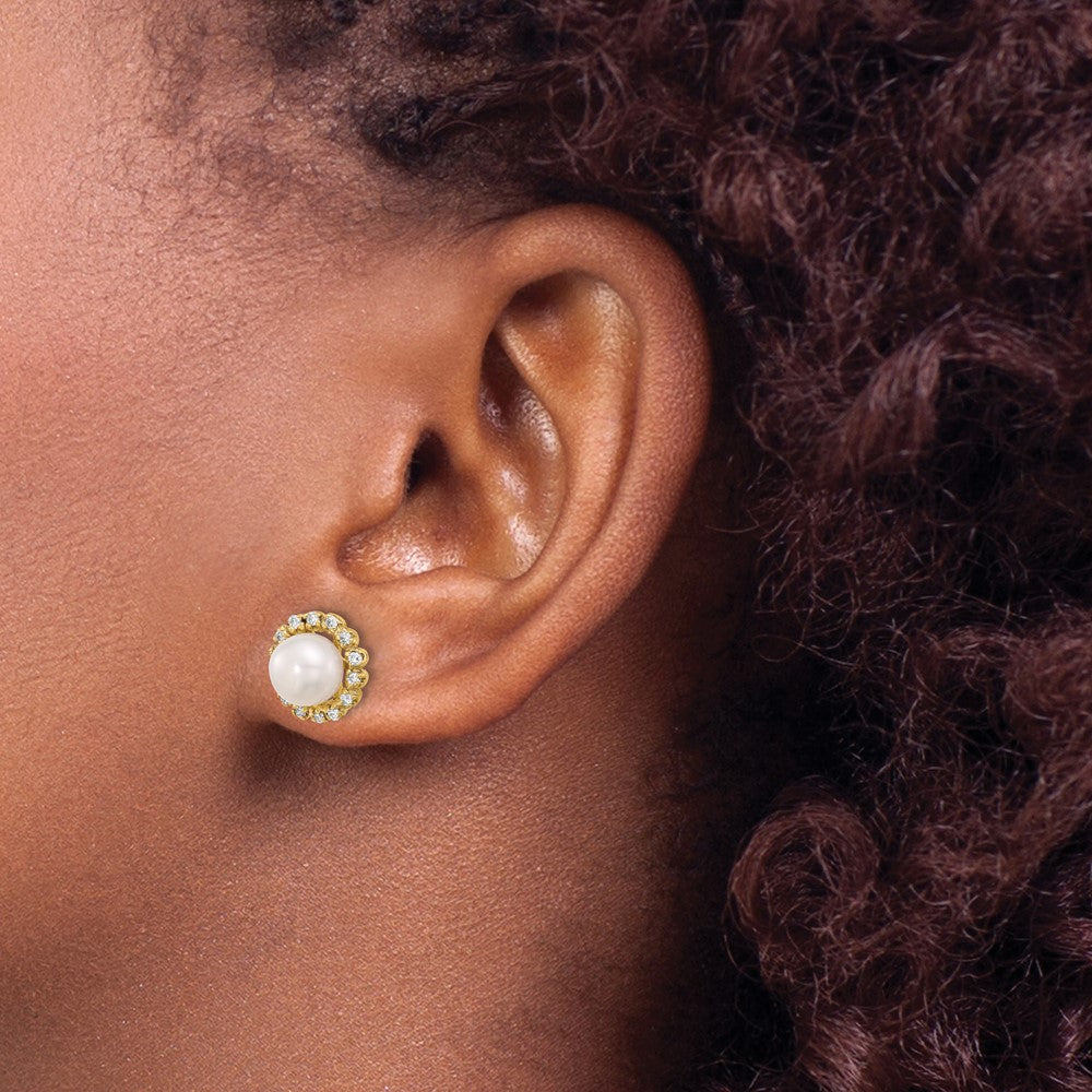 14K Yellow Gold 7-8mm Button Freshwater Cultured Pearl and .28 Carat Diamond Halo Post Earrings