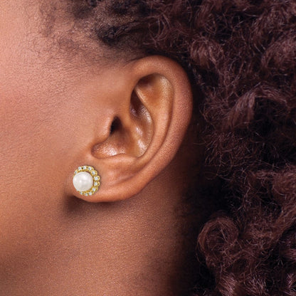 14K Yellow Gold 7-8mm Button Freshwater Cultured Pearl and .28 Carat Diamond Halo Post Earrings