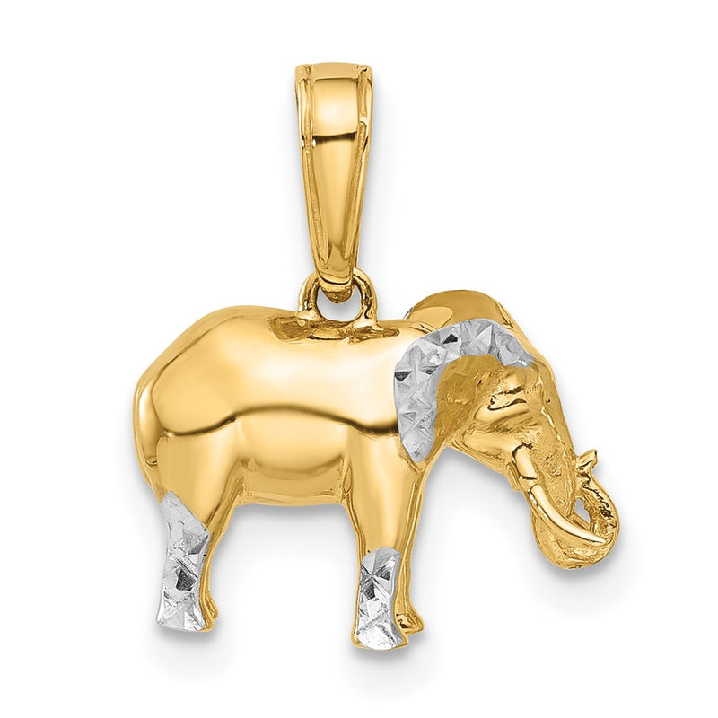 14K Yellow Gold and Rhodium Diamond-cut 3-D Elephant Pendant