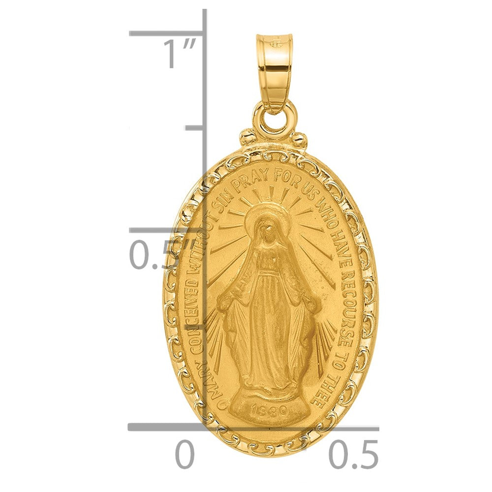 14K Yellow Gold Polished and Satin Solid Miraculous Medal Oval Pendant