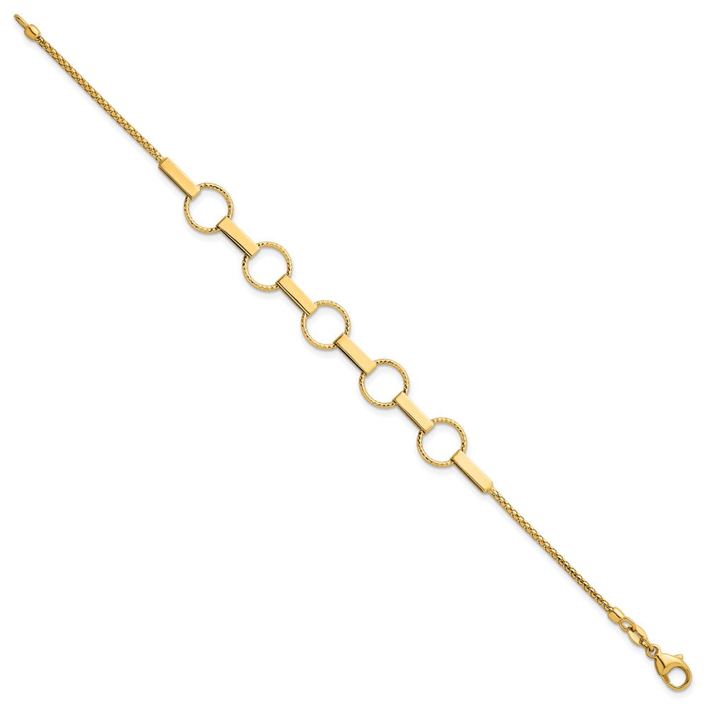 14K Yellow Gold Polished and Textured Circles and Bars 7.5 Inch Bracelet