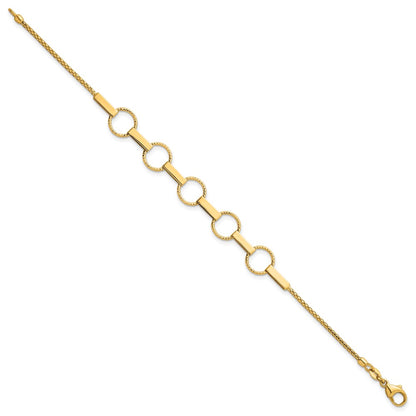 14K Yellow Gold Polished and Textured Circles and Bars 7.5 Inch Bracelet