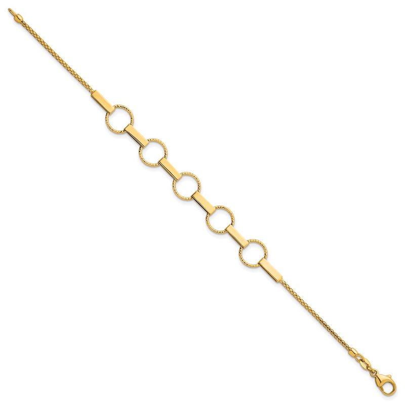 14K Yellow Gold Polished and Textured Circles and Bars 7.5 Inch Bracelet