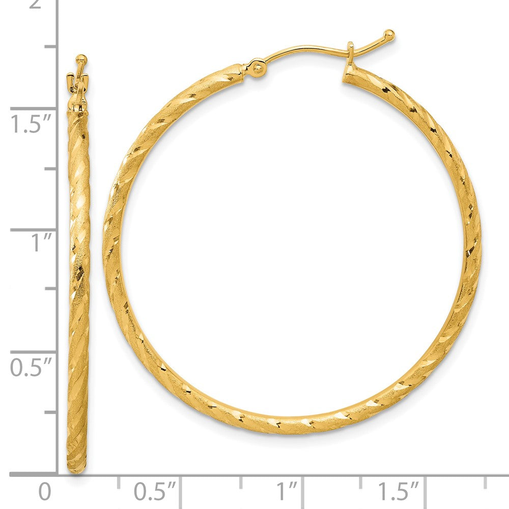 14K Yellow Gold 2.00x40mm Polished and Satin Diamond-cut Twist Tube Hoop Earrings