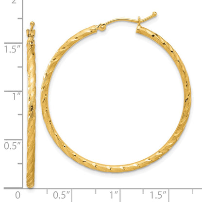 14K Yellow Gold 2.00x40mm Polished and Satin Diamond-cut Twist Tube Hoop Earrings