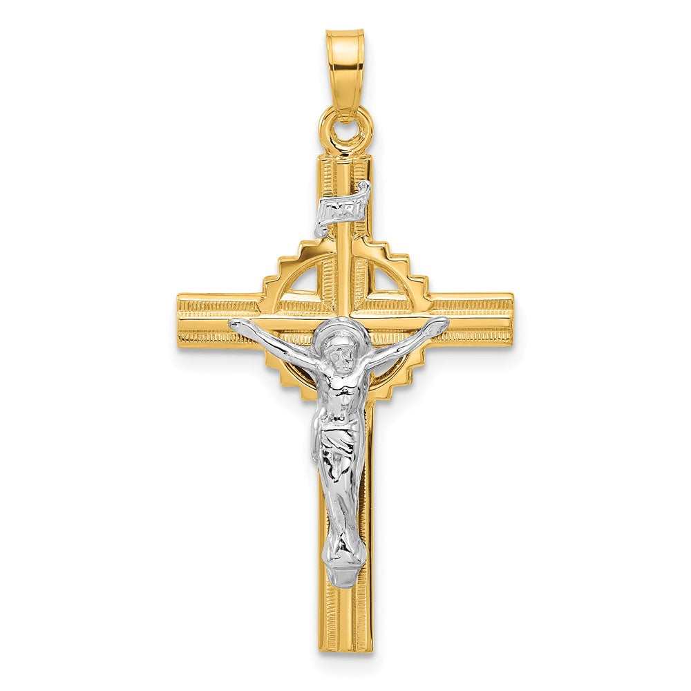 14K Two-Tone Gold Textured Hollow INRI Iona Crucifix Pendent