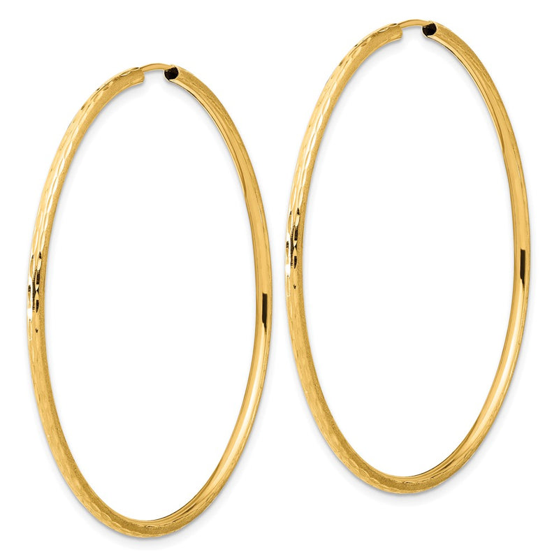 14K Yellow Gold 2.00x55mm Polished and Satin Diamond-cut Endless Tube Hoop Earrings