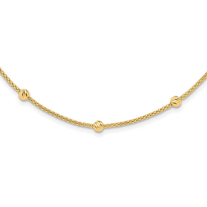 14K Yellow Gold Polished Diamond-cut Beads and Mesh Chain 17 Inch Necklace