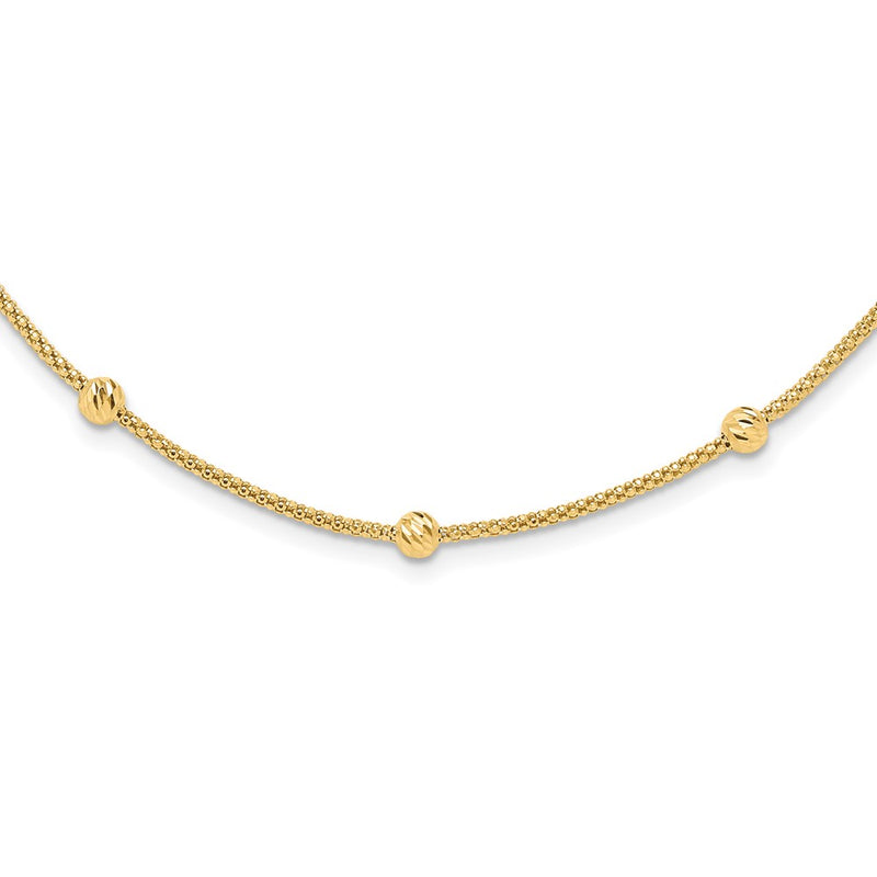 14K Yellow Gold Polished Diamond-cut Beads and Mesh Chain 17 Inch Necklace