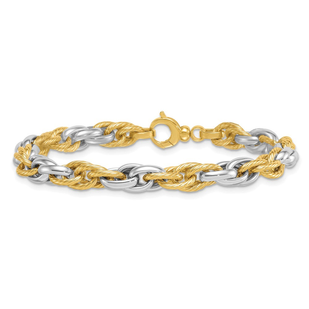 14K Two-Tone Gold Two-tone Polished and Twisted 6.5mm Lightweight Fancy Rope Link Chain Bracelet