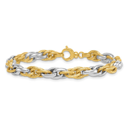 14K Two-Tone Gold Two-tone Polished and Twisted 6.5mm Lightweight Fancy Rope Link Chain Bracelet
