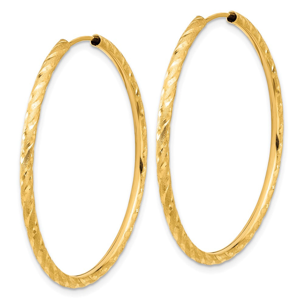 14K Yellow Gold 2.00x40mm Polished and Satin Diamond-cut Endless Tube Hoop Earrings