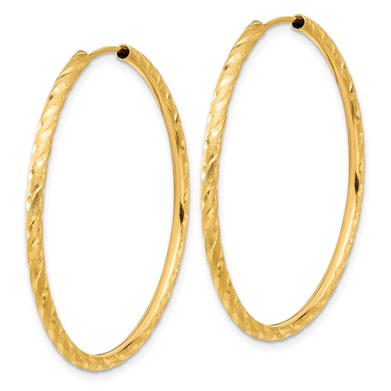 14K Yellow Gold 2.00x40mm Polished and Satin Diamond-cut Endless Tube Hoop Earrings