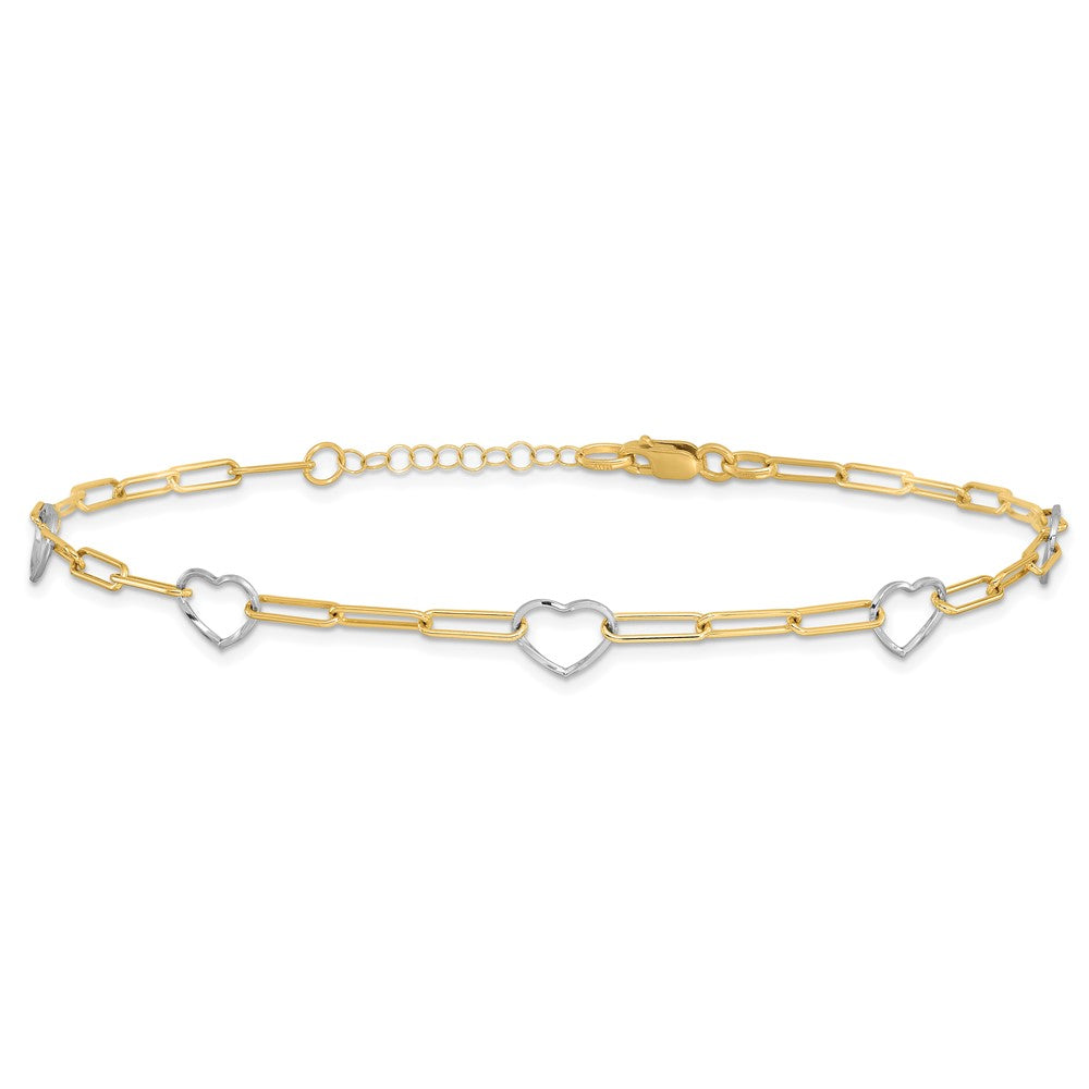 14K Two-Tone Gold Two-tone 5 Hearts and Paperclip Links 9 Inch Plus 1 Inch Extender - Total 10 Inch Anklet