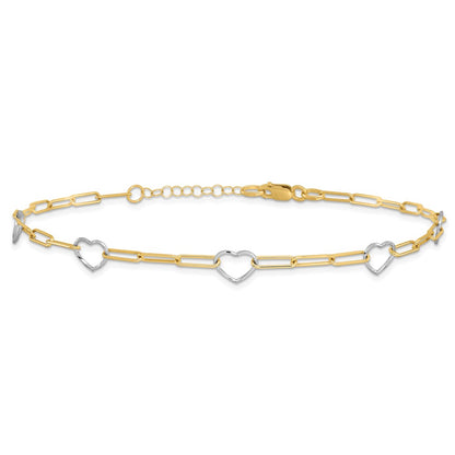 14K Two-Tone Gold Two-tone 5 Hearts and Paperclip Links 9 Inch Plus 1 Inch Extender - Total 10 Inch Anklet