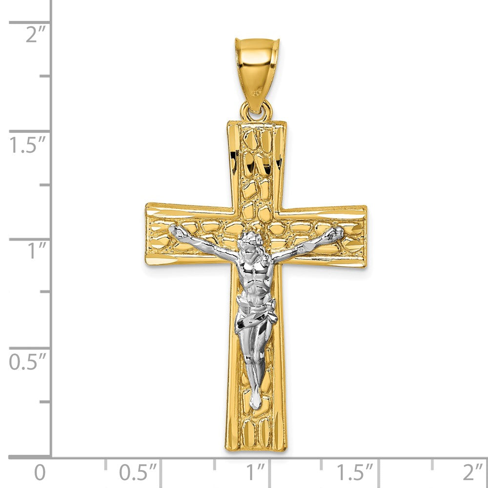 14K Yellow Gold and Rhodium Polished Diamond-cut Nugget Crucifix Pendant