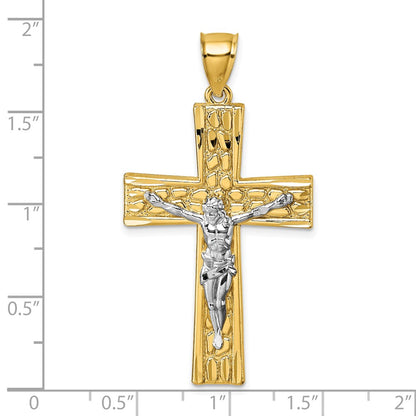 14K Yellow Gold and Rhodium Polished Diamond-cut Nugget Crucifix Pendant