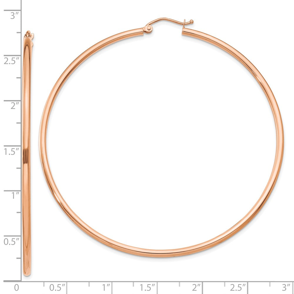 14K Rose Gold 2x65mm Polished Lightweight Tube Hoop Earrings
