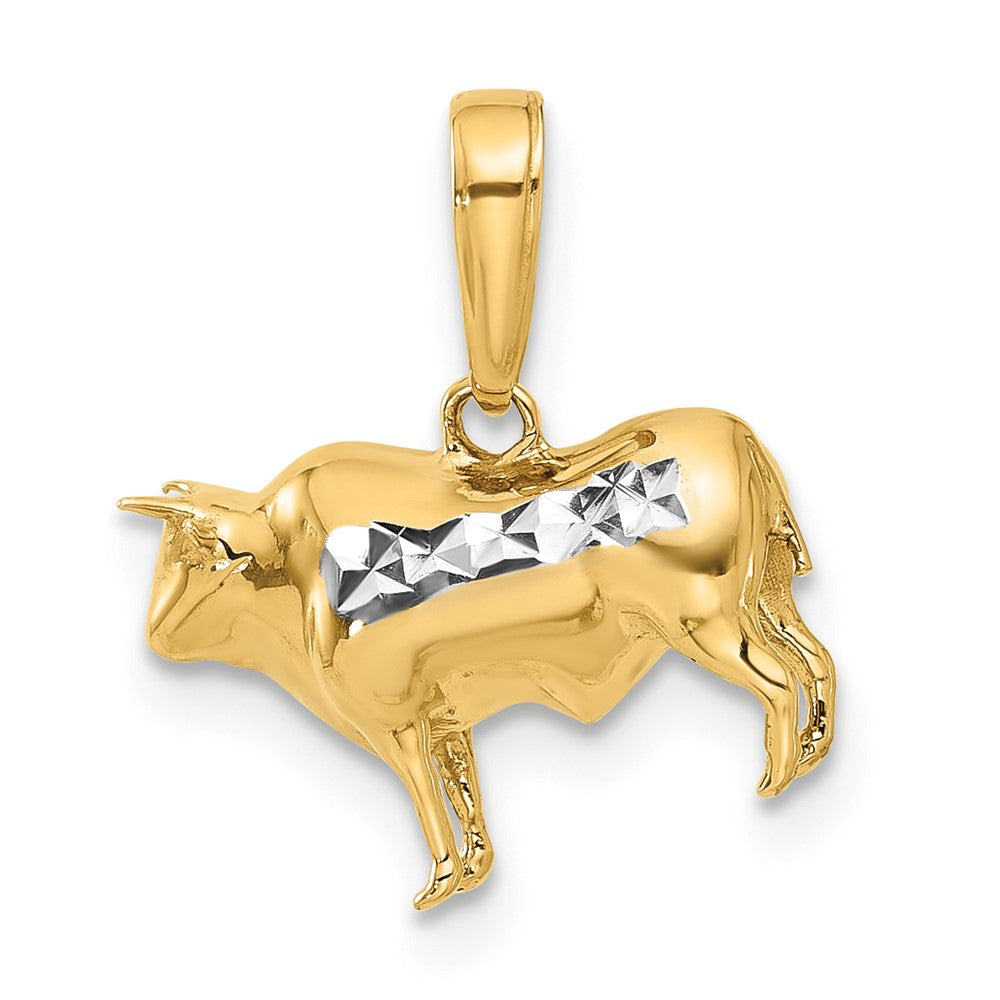 14K Yellow Gold and Rhodium Diamond-cut 3-D Bull Pendant