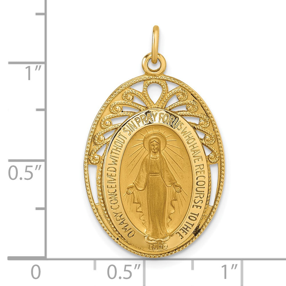 14K Yellow Gold Polished and Satin Semi-solid Miraculous Medal in Frame Oval Pendant