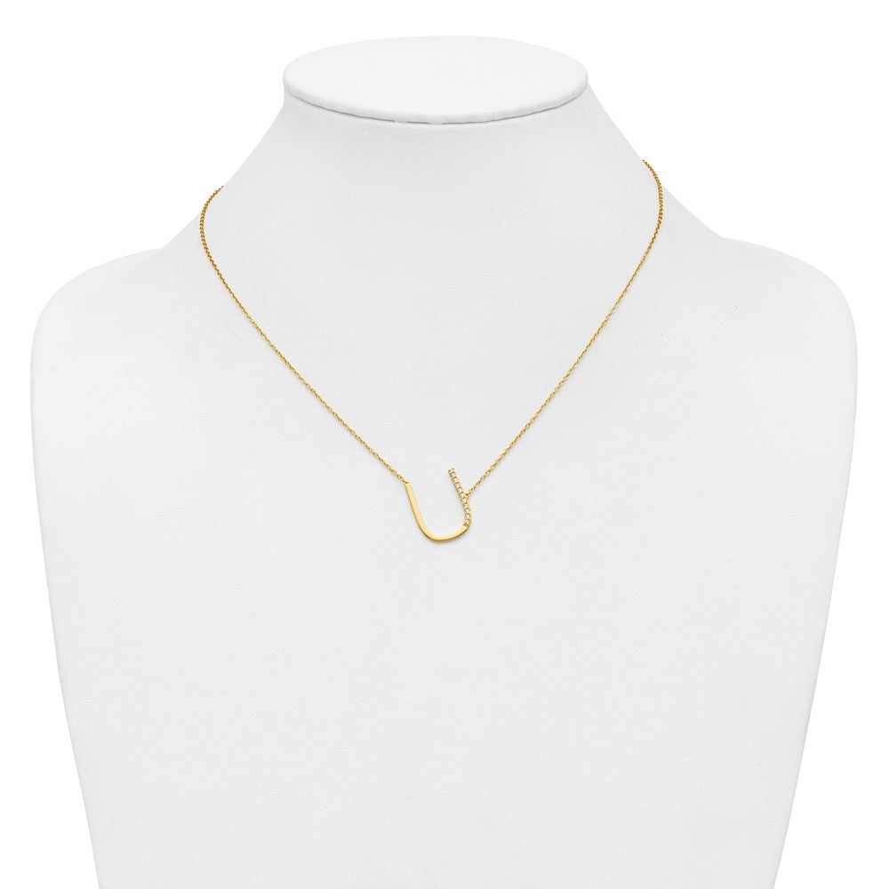 14K Yellow Gold Sideways Diamond Initial U 18 Inch Necklace