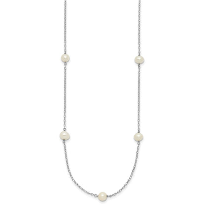 14K White Gold 5-6mm White Round Freshwater Cultured Pearl 7-station 18 Inch Necklace