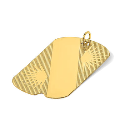 14K Yellow Gold Patterned Sunburst with Diagonal Stripe .018 Gauge Engravable 43x25mm Dog Tag Disc Charm