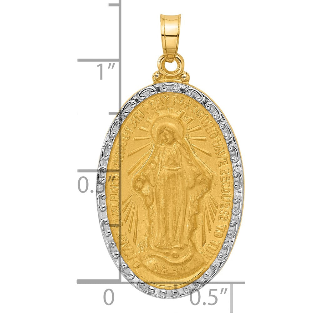 14K Yellow Gold and Rhodium Polished and Satin Solid Miraculous Medal Oval Pendant