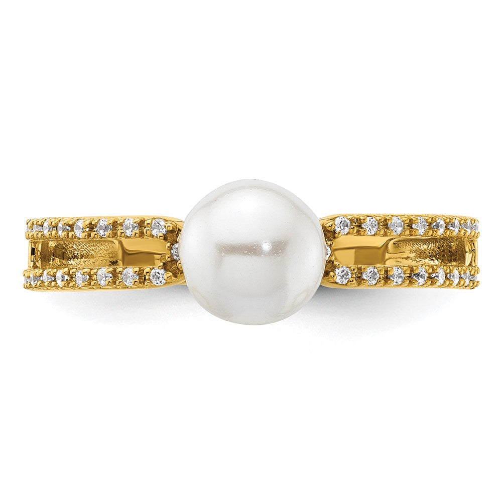 14K Yellow Gold Polished Diamond and Pearl Fashion Ring