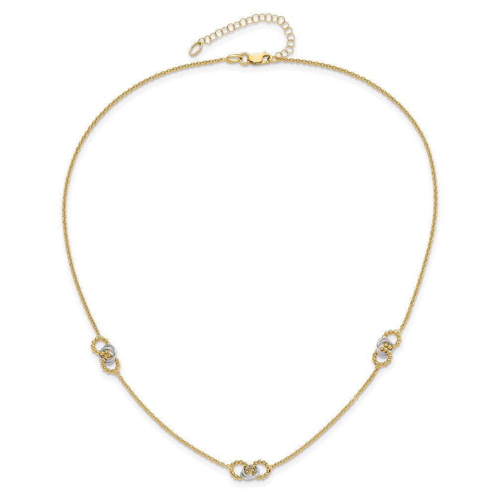 14K Two-Tone Gold Two-tone Linked and Beaded Circles 3-Station 16 Inch Necklace Plus 2 Inch Extender