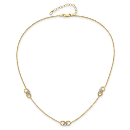 14K Two-Tone Gold Two-tone Linked and Beaded Circles 3-Station 16 Inch Necklace Plus 2 Inch Extender
