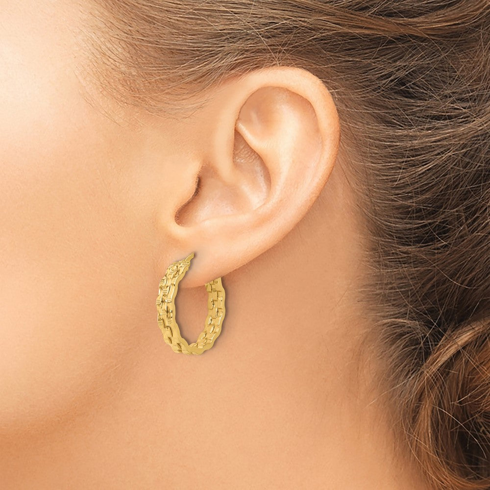 14K Yellow Gold Polished and Textured Hoop Earrings