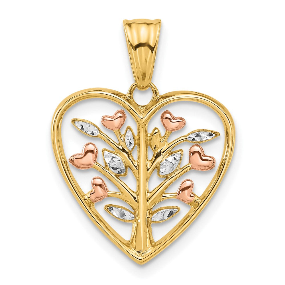 14K Yellow Gold -plated and Rhodium Diamond-cut Tree in Heart Pendant